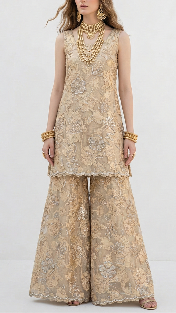 White Organza Fabric With All Over Katdana, Bead And Sequins Work & Golden Foil Work Flowers 22138