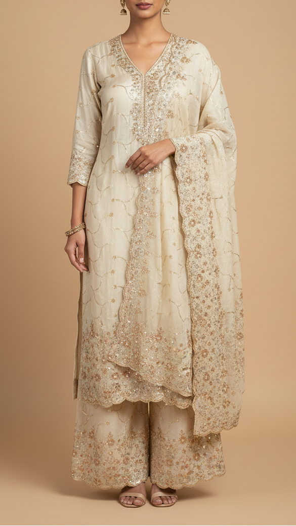 Golden Dyeable Tissue Fabric With All Over Katdana Sequins And Bead Work With One Side Border 20324