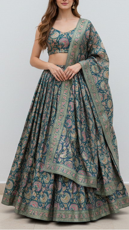 Teal Blue Silk Fabric With Traditional Print With Golden Zari Work 20313