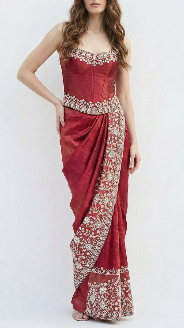 Maroon Tissue Fabric with Heavy Border of Zari and Sequins Work  20911