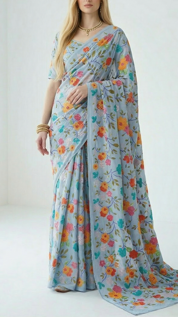 Blue Muslin Fabric With All Over Sequins And Thread Work 22486