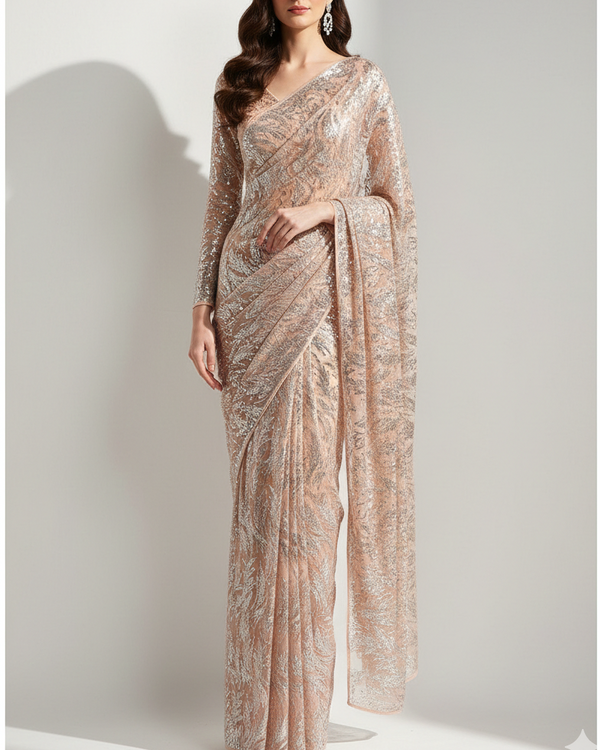 Peach Imported Net Fabric With All Over Sequins And Beads Work 22084