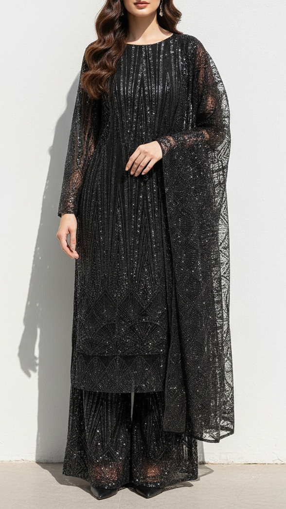 Black Imported Net Fabric With All Over Sequins And Beads Work With One Side Border 22092