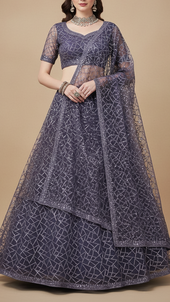 Graphite Purple Imported Net Fabric with Allover Sequins and Bead Work with One-Side Border 19718