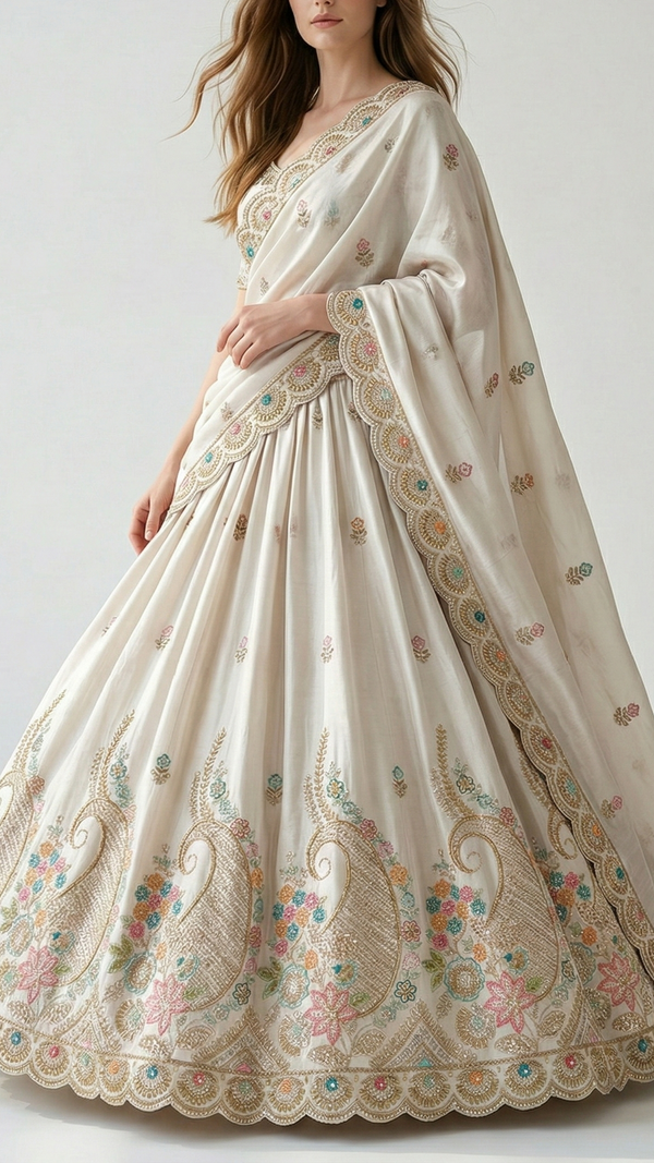 White Dyeable Dola Silk Fabric With All Over Buti Of Zari, Sequins, Bead, Katdana And Multi Color Thread Work With One Side Scalloped Border 21965