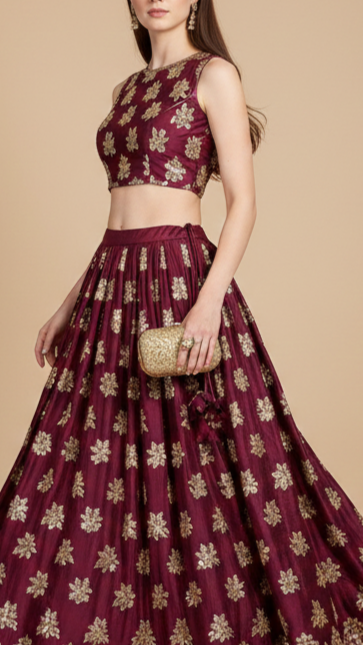 Wine Silk Fabric With All Over Sequins, Bead And Katdana Work 20916