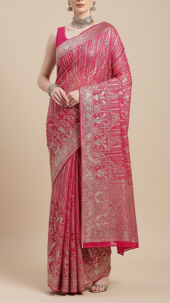 Pink Georgette Fabric With All Over Zari And Sequins Work With One Side Border 19089