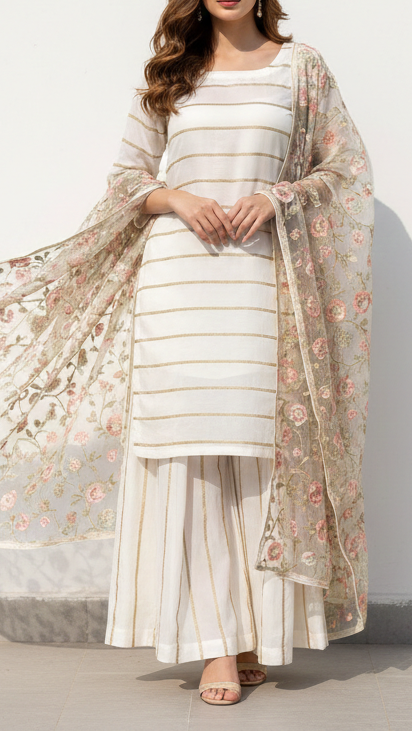 The Noor - White Dyeable Crepe Fabric With All Over Sequins And Katdana Work | 21498