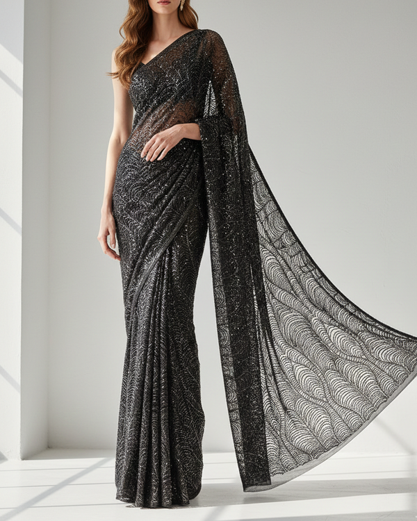 Black Imported Net Fabric With All Over Katdana, Sequins And Bead Work 22082
