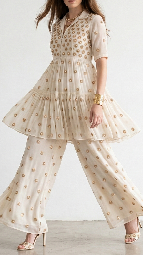 The Noor - White Dyeable Georgette Fabric With All Over Sequins, Beads And Katdana Work | 22144