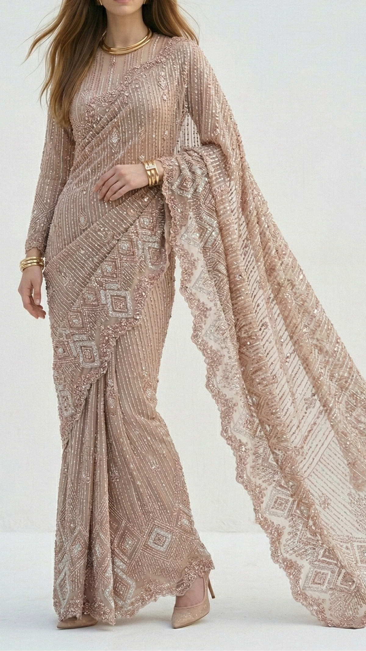 White Imported Net Fabric With All Over Sequins And Bead Work With One Side Border 16593