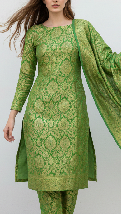 Parrot Green Banarasi Brocade Fabric With All Golden Over Zari Handloom 21755