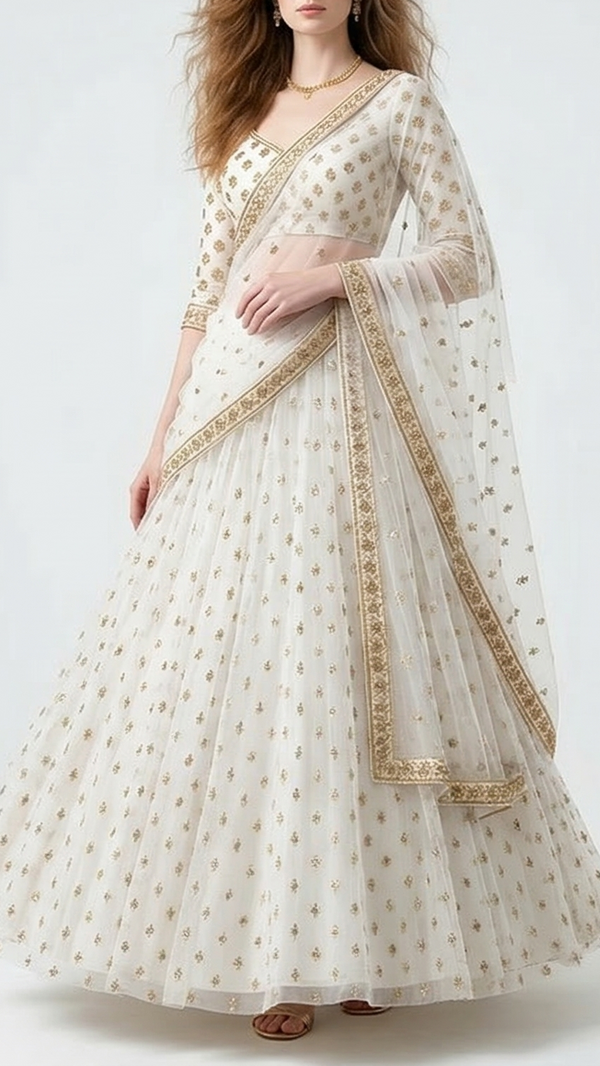 The Noor - White Organza With Timeless Golden Buti of Sequins 12302