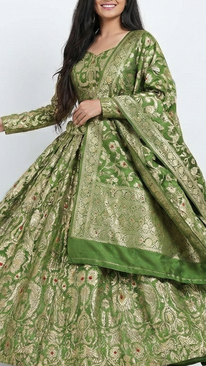 Mehendi Green Pure Banarasi Brocade Fabric With All Over Thread And Zari Handloom 20777