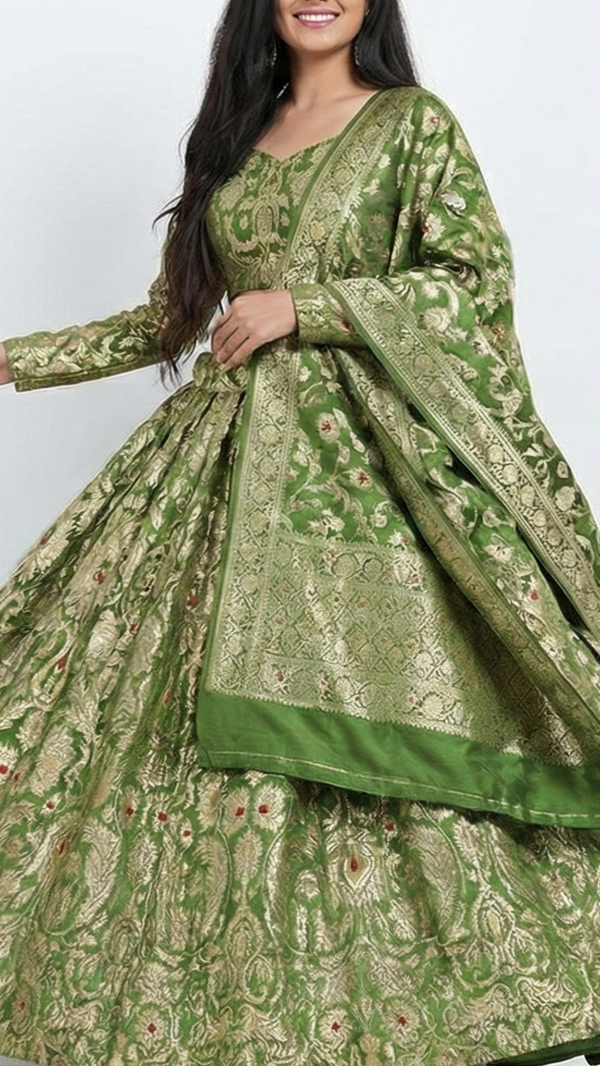 Mehendi Green Pure Banarasi Brocade Fabric With All Over Thread And Zari Handloom 20777