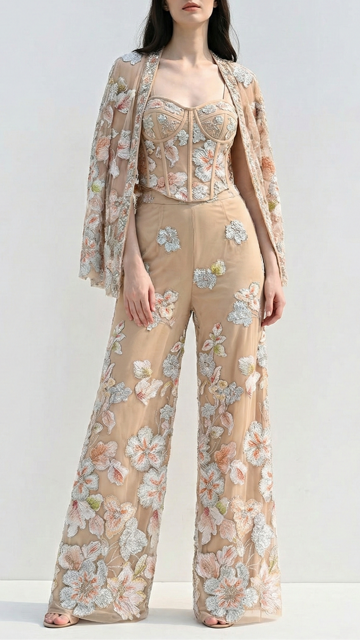 Beige Imported Net Fabric With All Over Bead And Ribbon Work 22096