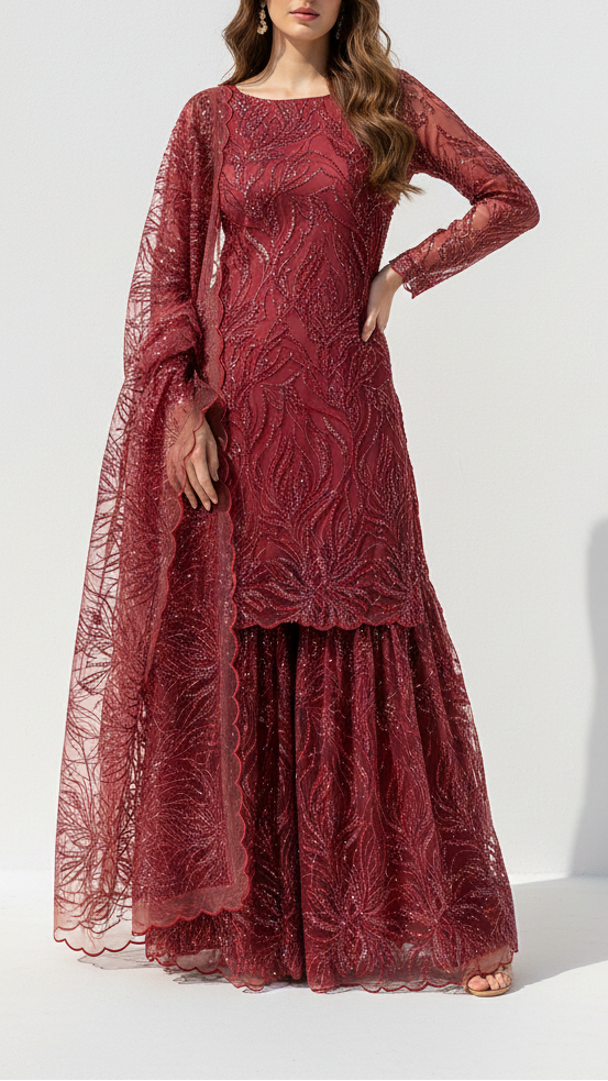 Maroon Imported Net Fabric With All Over Thread, Bead And Sequins Work 22135