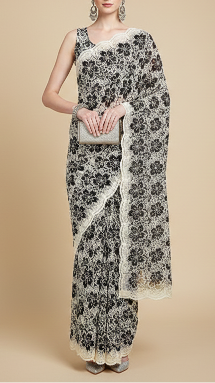 Black Imported Crepe Fabric with Allover Cutwork and Floral Patches 12929