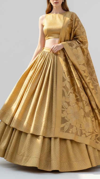 Golden Banarasi Brocade Fabric With All Over Golden Zari Handloom 20151