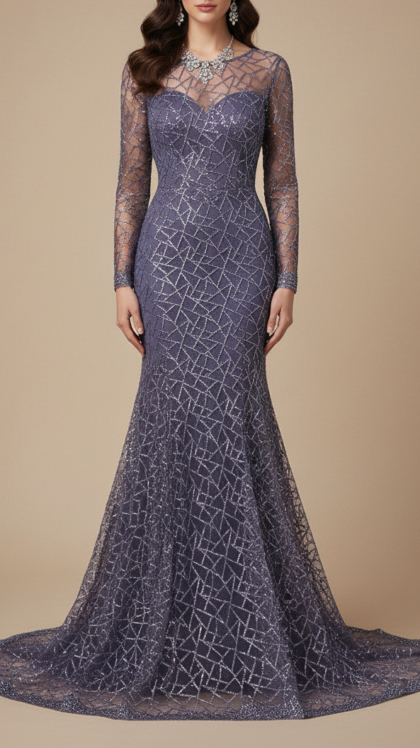 Graphite Purple Imported Net Fabric with Allover Sequins and Bead Work with One-Side Border 19718