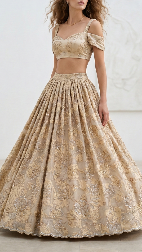 White Organza Fabric With All Over Katdana, Bead And Sequins Work & Golden Foil Work Flowers 22138
