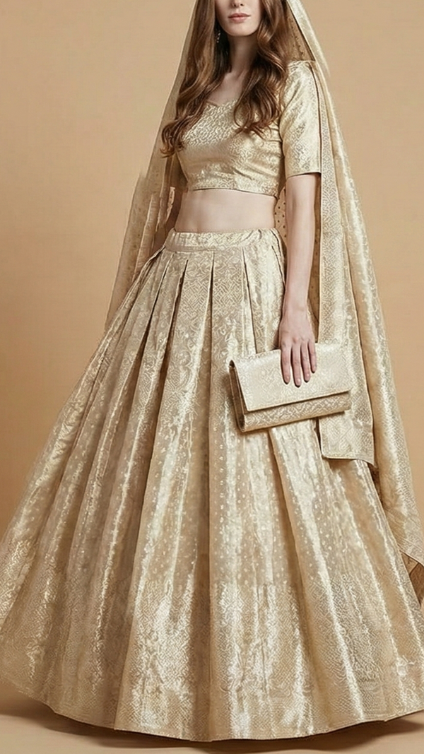 Light Golden Tissue Fabric With All Over Self Work 20399