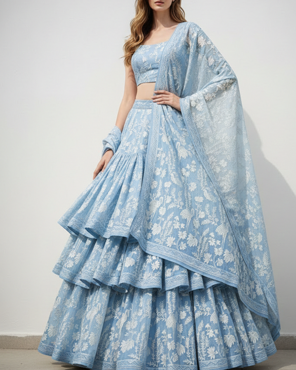 White Dyeable Silk Fabric With All Over Bird Motif Of Thread And sequins Work 21589