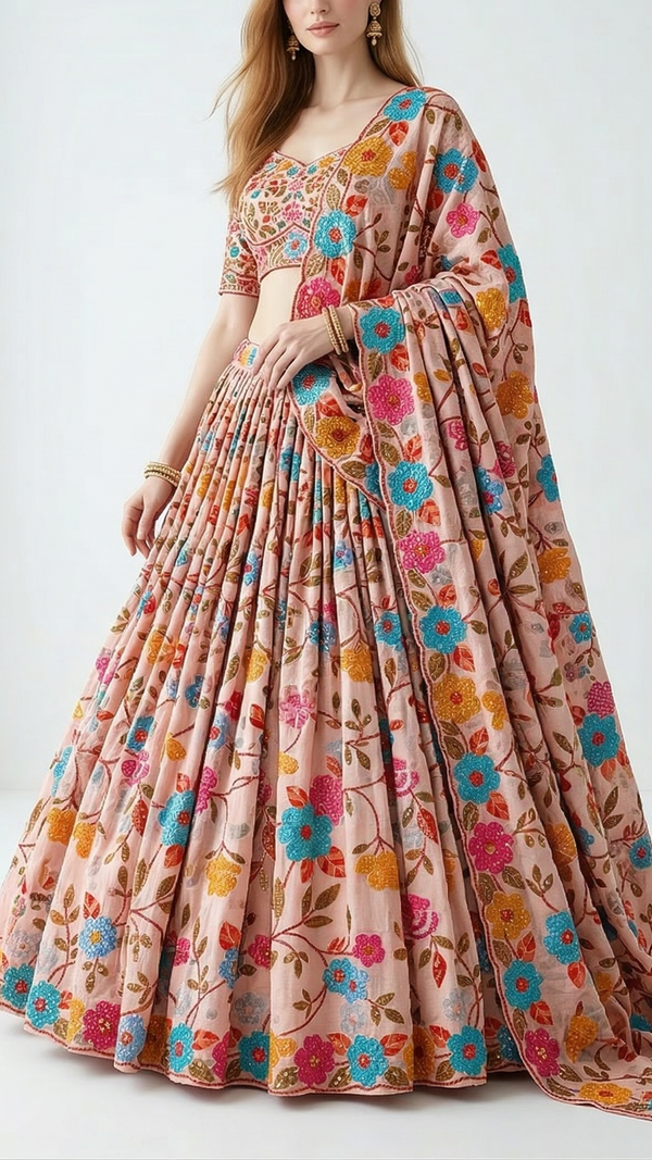 Peach Muslin Fabric With All Over Sequins And Thread Work 22484