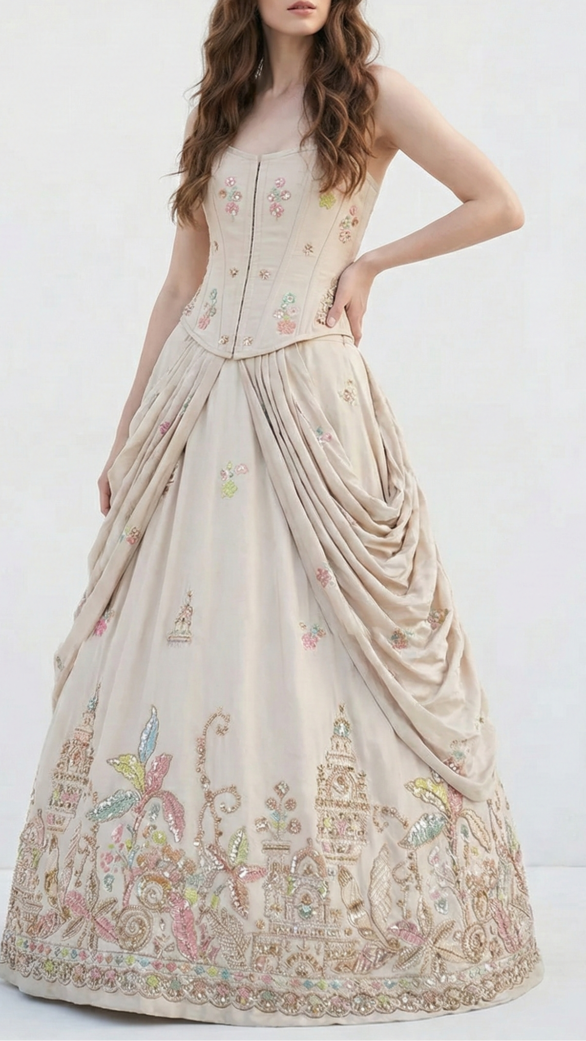 White Dyeable Crepe Fabric With All Over Buti Of Sequins And Katdana Work With One Side Heavy Border 21192