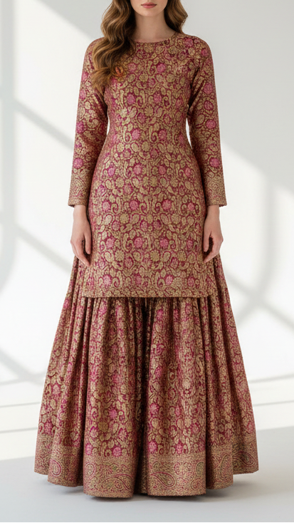 Wine Banarasi Brocade Fabric With All Over Thread And Zari Handloom 20792