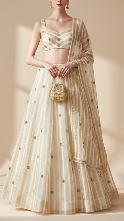The Noor - White Organza Tissue Fabric With Buti of Sequins and Beads | 12214