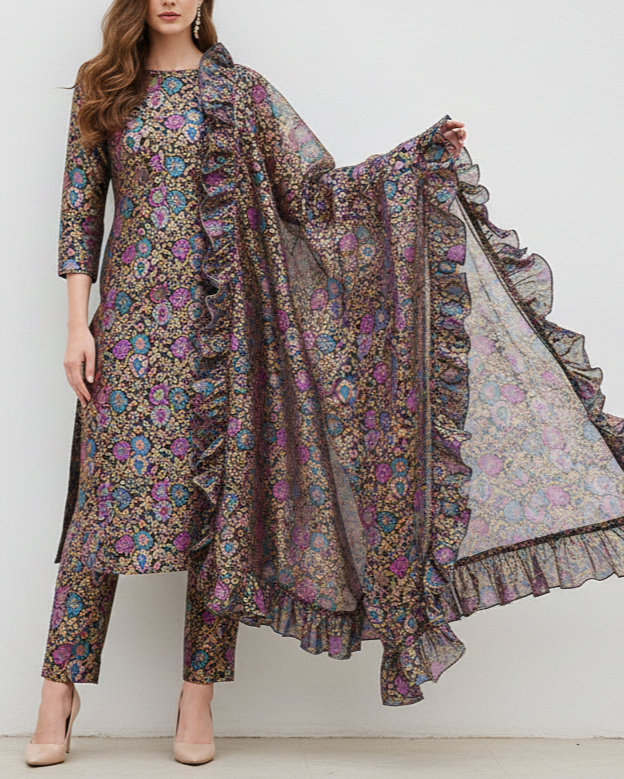 Black Banarasi Brocade Fabric With All Over Thread And Zari Handloom 21260