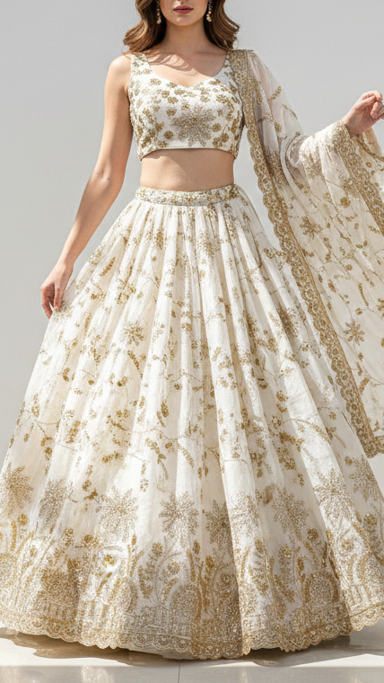 White Dyeable Silk Fabric With All Over Beads, Katdana, Sequins And Zari Work With One Side Scalloped Border 21495