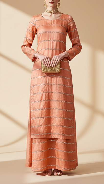 The Noor - Peach Silk Tissue Fabric with Classic Stripes Of Pearl, Katdana, and Sequins | 15455