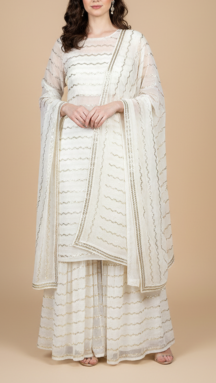 The Noor - White Dyeable Georgette Fabric With Timeless Thread And Sequins Work | 19332
