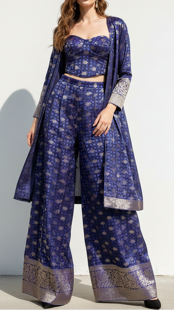 Navy Blue Banarasi Brocade Fabric With All Over Thread And Zari Handloom 21358