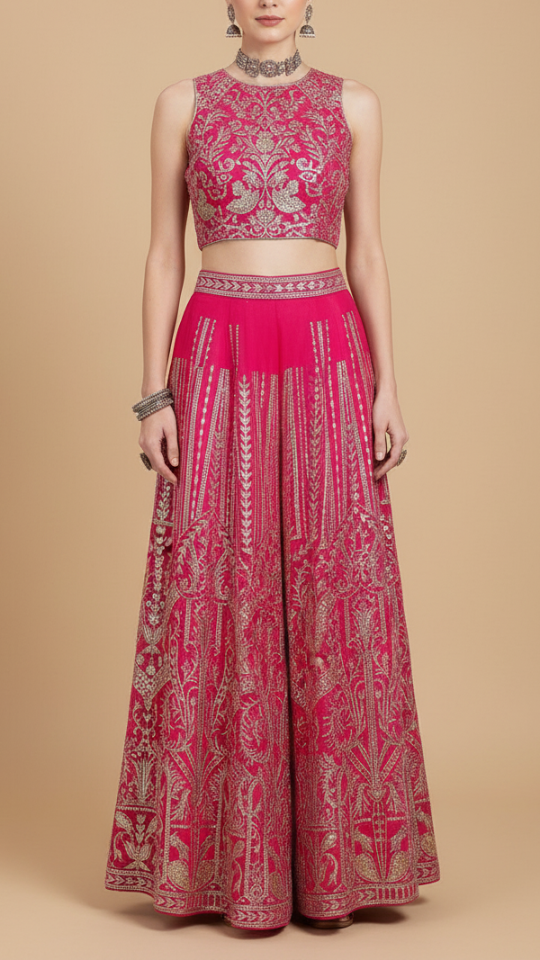 Pink Georgette Fabric With All Over Zari And Sequins Work With One Side Border 19089