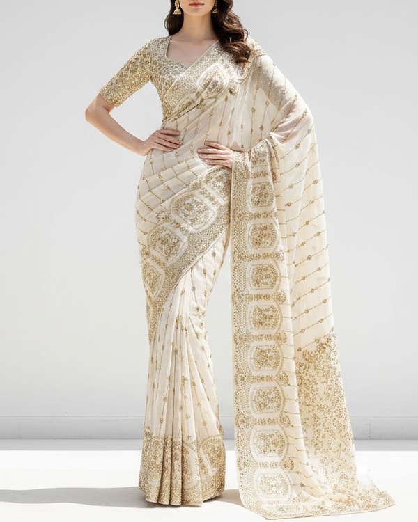 White Dyeable Georgette Fabric With All Over Stripes of Zari, Sequins, And Katdana Work With One Side Scalloped Border 21574