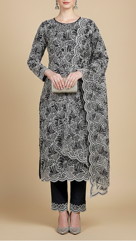 Black Imported Crepe Fabric With All Over Cutwork 15821
