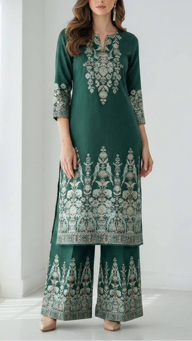 Bottle Green Georgette Fabric With Allover Sequins And Thread Work With One Side Heavy Border 16188