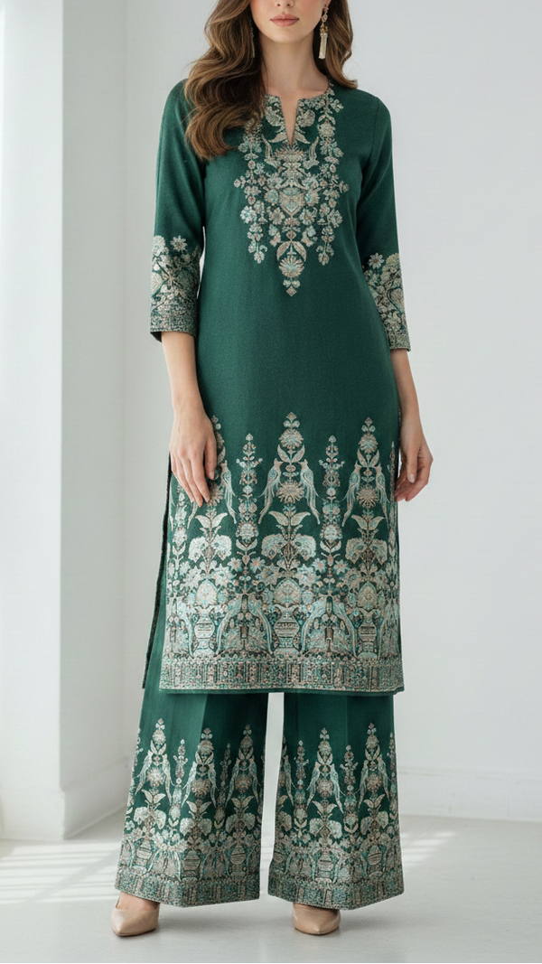 Bottle Green Georgette Fabric With Allover Sequins And Thread Work With One Side Heavy Border 16188