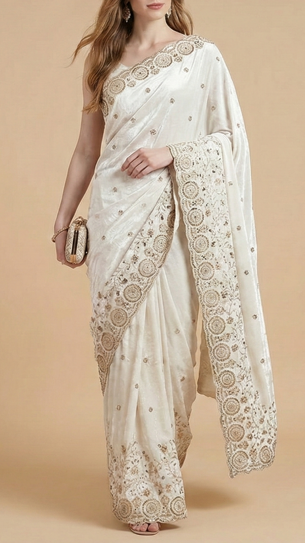 White Velvet Fabric With All Over Buti Of Katdana, Sequins And Bead With One Side Border 20634