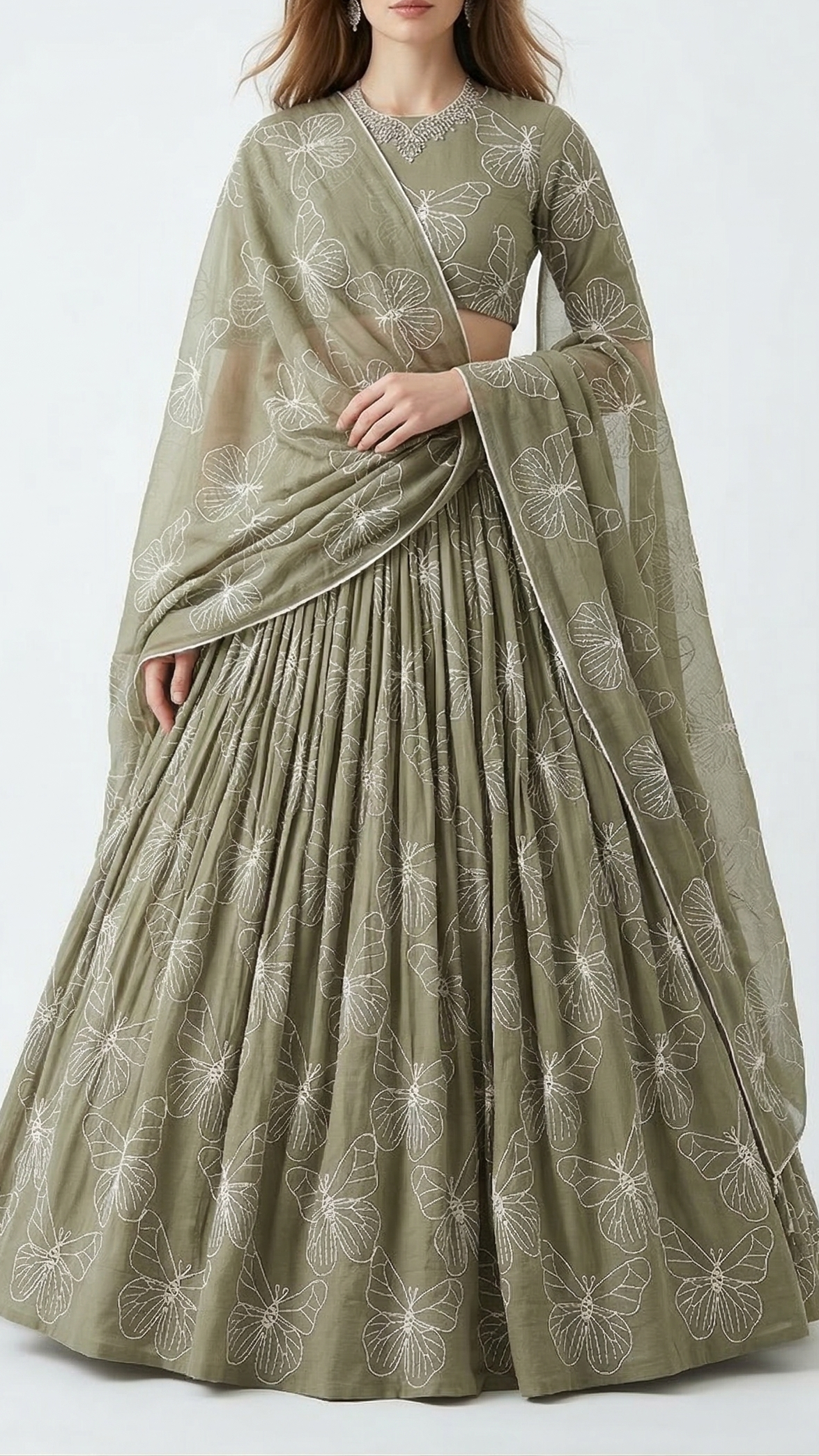 Sage Green Cotton Fabric With All Over Butterfly Motif Of Dori And Thread Work 22477