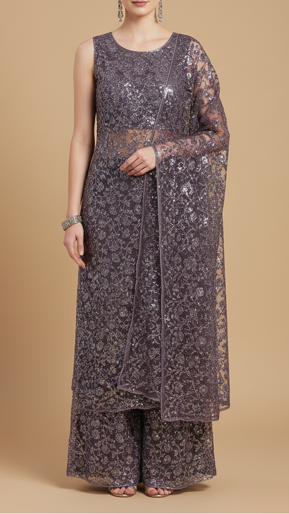 Graphite Purple Imported Net Fabric with Allover Bead, Sequins and Katdana Work 19713