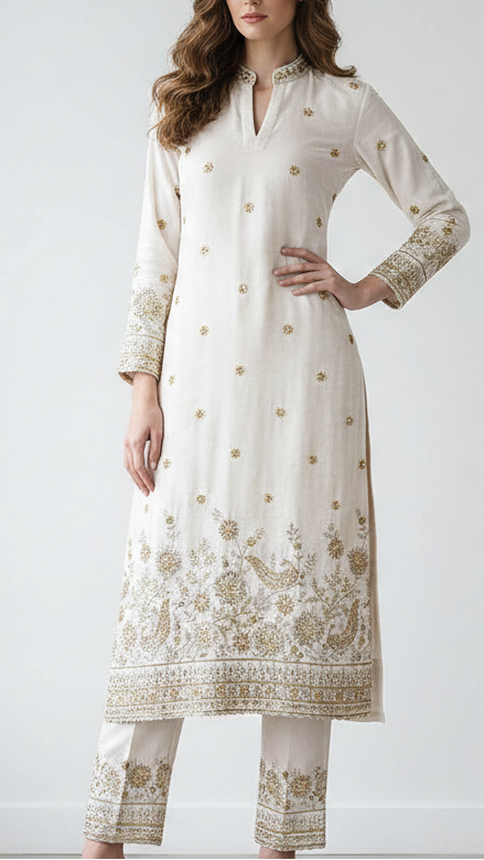 The Noor - White Crepe Fabric with Classic Katdana, Zari and Sequins Work with Heavy Border 16060