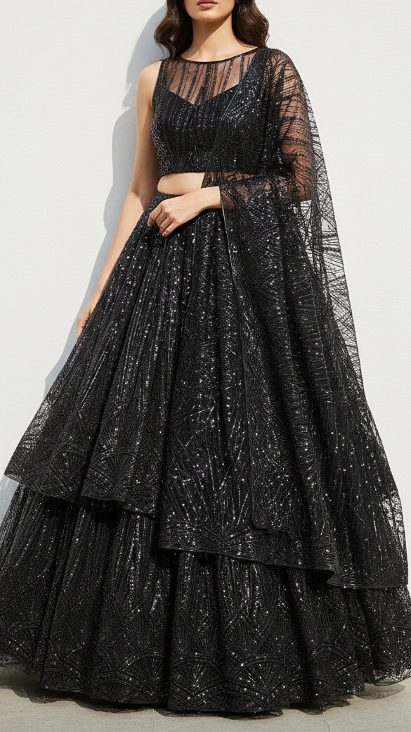 Black Imported Net Fabric With All Over Sequins And Beads Work With One Side Border 22092