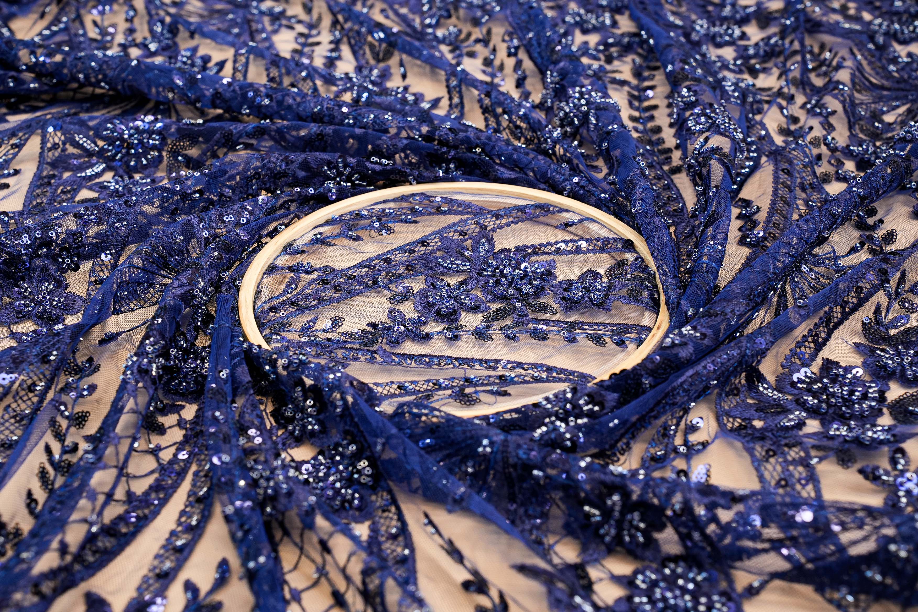 Navy Blue Net Adorned with Beads, sequins, and Threadwork