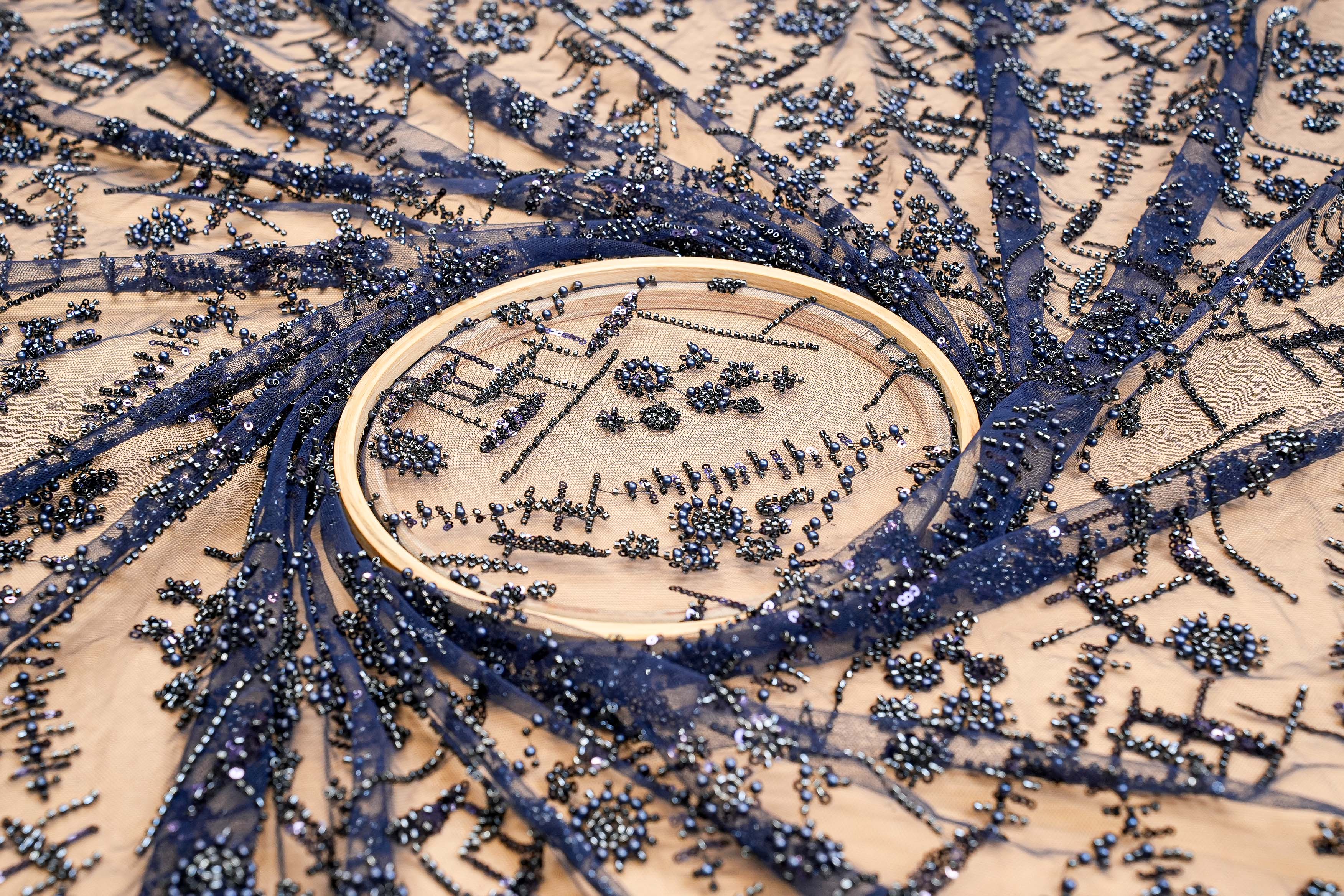 Navy Blue Net Adorned with Beads, Pearls, and Sequins