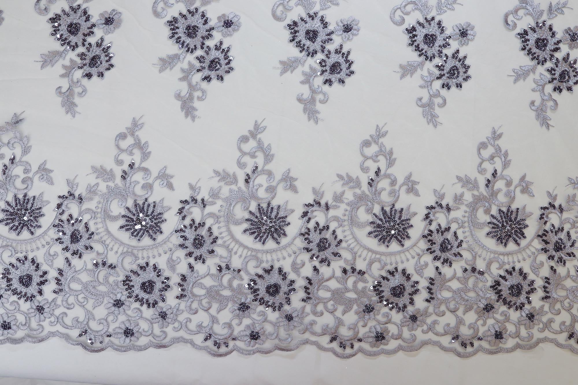 Light grey floral pattern net with thread , sequence and beads having border