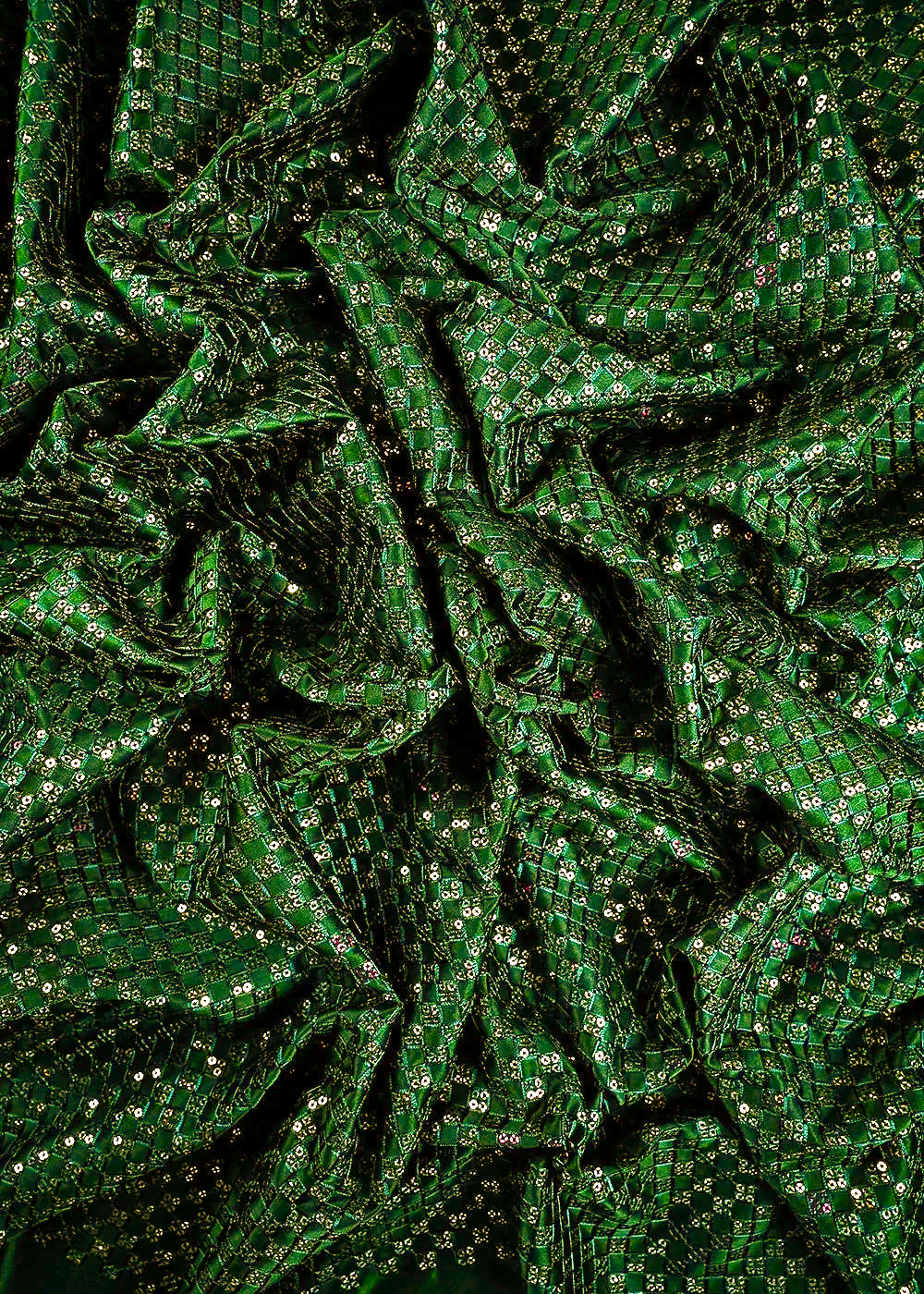 Bottle Green Satin Fabric With All Over Thread And Sequins Work 26449
